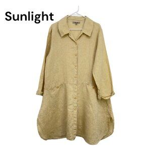 Flax Linen Button Down Shirt Dress SZ M Beige Relaxed Fit